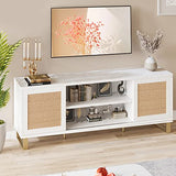 Garvee Rattan TV Stand for 65 Inch TV, Modern White Entertainment Center, MDF Wood, Sliding Doors, Shelves, Living Room, Bedroom