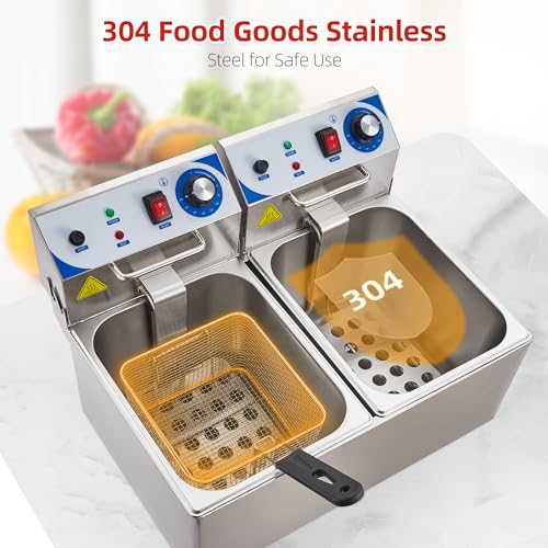 Garvee Commercial 10L+10L - 1500 Watts Dual Tank Electric Deep Fryer Stainless Steel Countertop Oil Fryer with Basket for Restaurant/Home Use (110V)