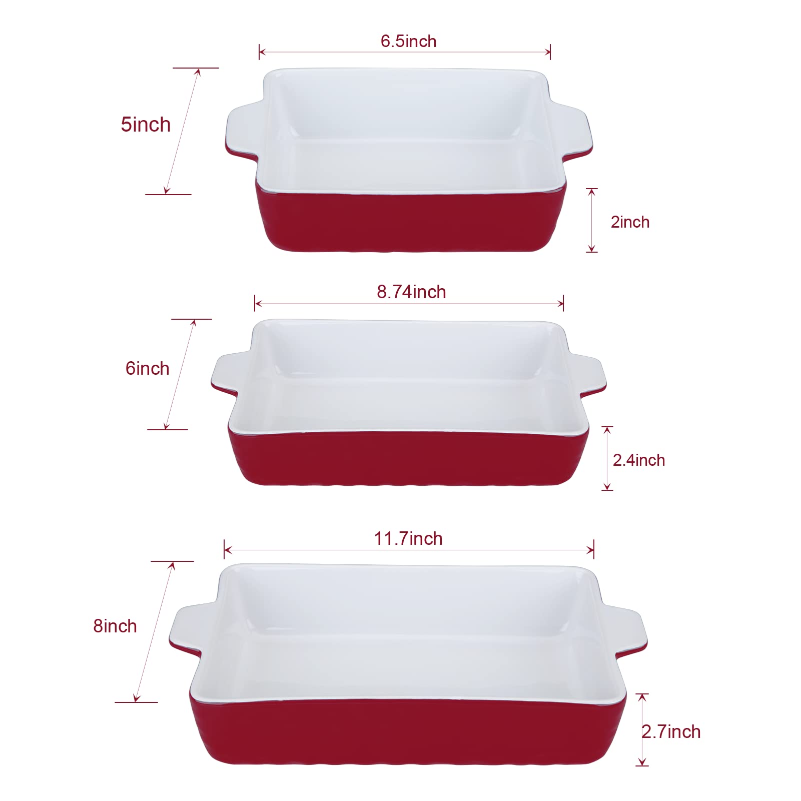 Garvee Ceramic Baking Dish Set of 3, Rectangular Casserole Dish for Oven with Handles, Deep Lasagna Baking Pans for Cooking, Kitchen, Cake Dinner, Banquet, Daily Use, Red