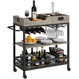 Garvee 3-Tier Rustic Bar Cart with Wheels, Wine Rack, Glass Holder, Removable Trays, Metal Frame, for Living Room, Dining Room, Kitchen - Grey