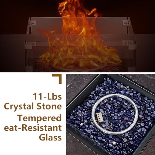Propane Fire Pit Table with Ice Bucket，50000BTU Fire Table with 13 Inch Square Drink Ice Bucket Wind Guard, Fire Glass Beads & CSA Safety Certified Outdoor Firepit for Patio Yard Garden