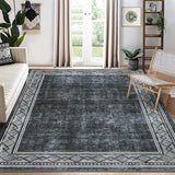 Garvee Bordered Grey 9x12 Modern Geometric Border Design Area Rug, Machine Washable Non-Slip Carpet, Stain Resistant Accent Rug for Living Room, Bedroom, Home Decor - Gray