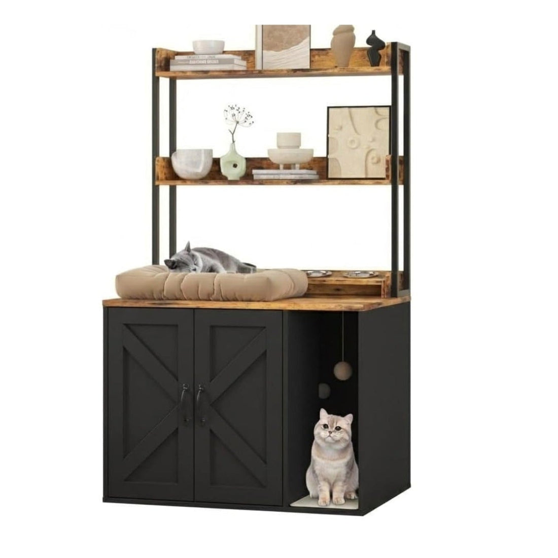 Garvee 55" H Cat Litter Box Enclosure Hidden Litter Box Furniture, Wooden Cat House with 2 Storage Shelves and Charging Sockets, Large Indoor Cabinet for Living Room Entryway, Black& Brown