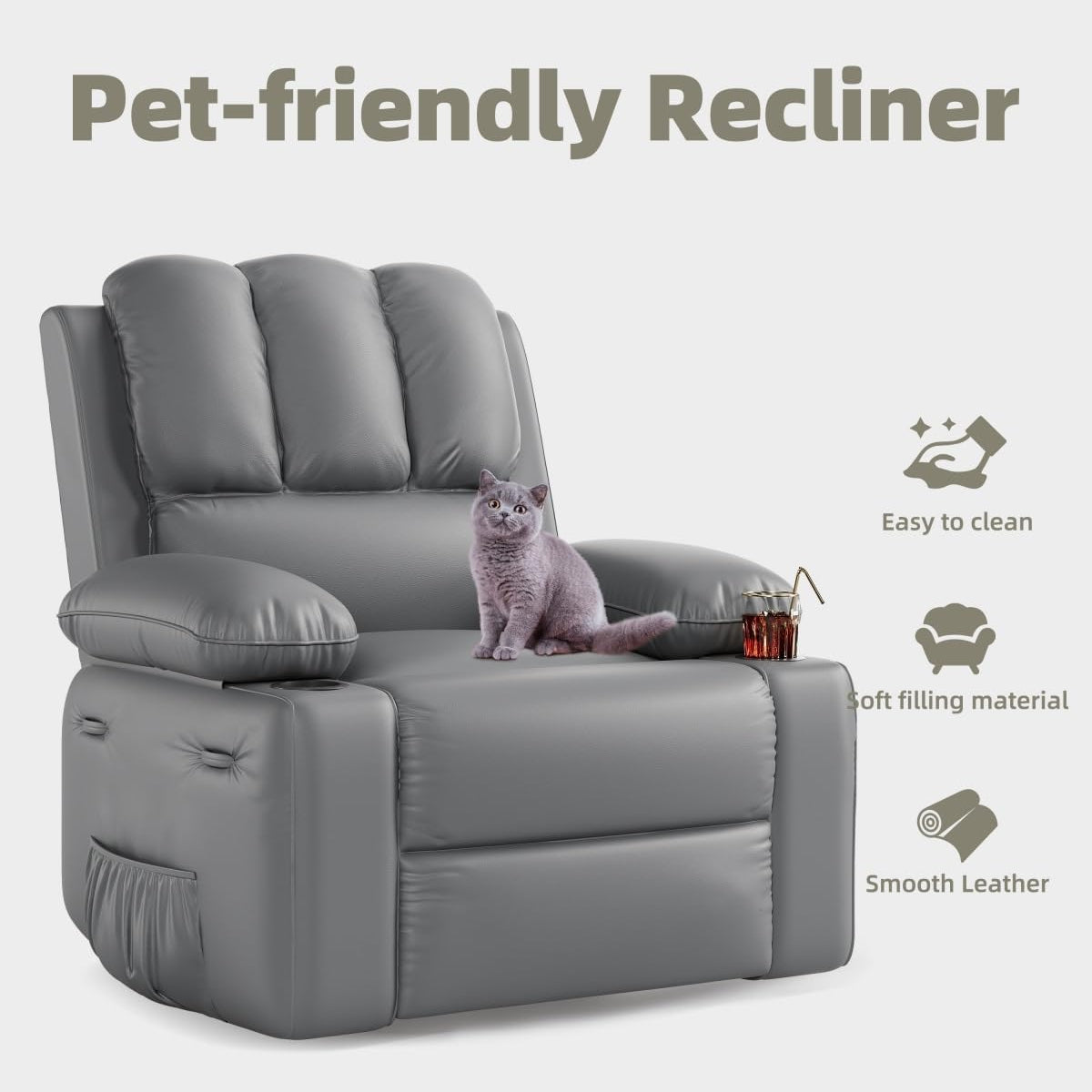 Garvee 22" Massage Recliner Chair for Adults, Lounge Recliner with Vibrating Massage, PU Leather Recliner with Cup Holders and Side Pockets, for Living Room, Bedroom, and Nursery, Grey