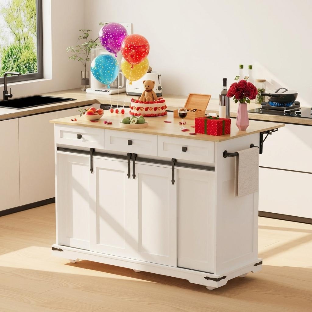 Garvee Rolling Large Kitchen Island Cart with Power Outlet, 3 Drawers, Drop Leaf, Trash Can Storage, Mobile Table, White, 54 Inches