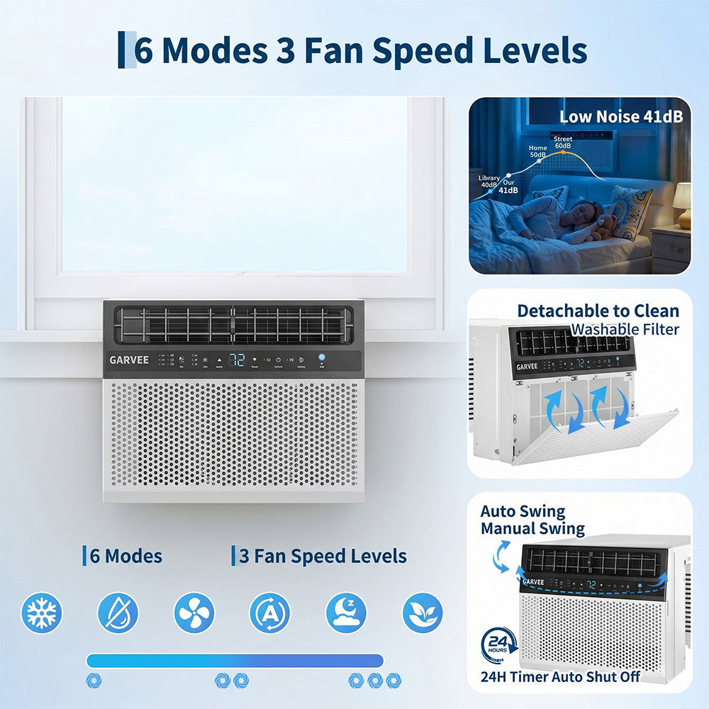 Garvee U-Shaped Window Air Conditioner 6000 BTU Ultra Quiet Energy Efficient Remote Control Dehumidifier Fan Easy Install Fits 24-48" Windows Bedroom Living Room