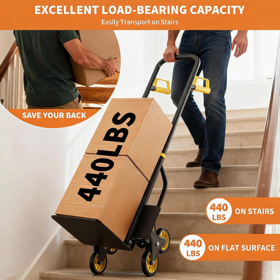 Garvee Stair Climbing Dolly, 440 lb Heavy-Duty Folding Hand Truck with 3-Wheel Design, Steel Frame & Retractable Handle