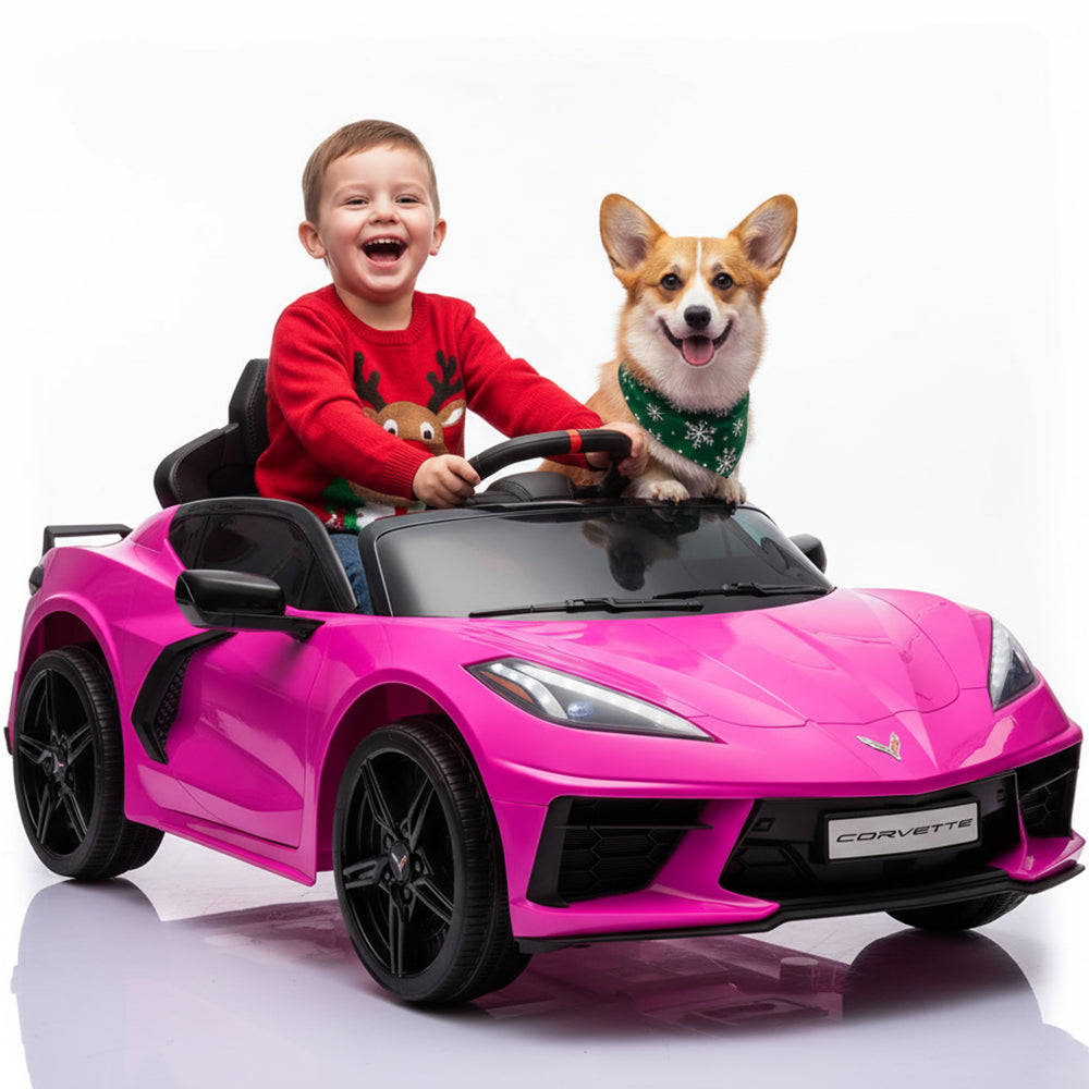 Garvee Ride - P Series: 12V Kids Ride on Car Licensed Corvette Battery Powered Car Toddles Electric Sports Car Toy with Remote Control, Visual Dashboard, LED Lights, Music, Gifts for Boys Girls, Rose Red