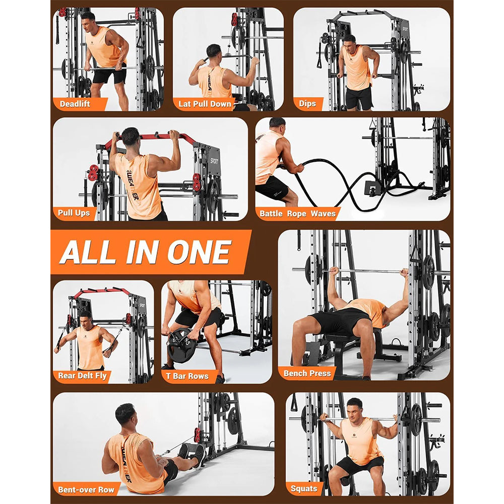 Garvee All-in-One Smith Machine Home Gym – Power Rack, Squat Cage, Dual Lat Pulldown, Cable Crossover & Adjustable Bench – Compact Full-Body Strength Trainer, Red & Black