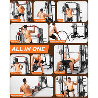 Garvee All-in-One Smith Machine Home Gym – Power Rack, Squat Cage, Dual Lat Pulldown, Cable Crossover & Adjustable Bench – Compact Full-Body Strength Trainer, Red & Black