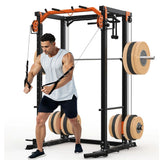 Garvee Power Cage Power Rack with Dual Pulley System Multi-Function Squat Rack with Cable Crossover for Home Gym Black - Orange