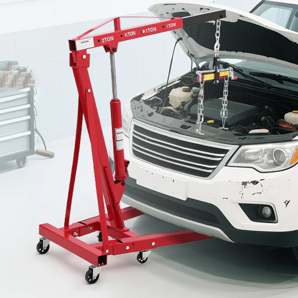 Garvee 2-Ton Folding Engine Hoist Cherry Picker 4400 Lb Hydraulic Telescoping Boom Steel Red Garage Repair