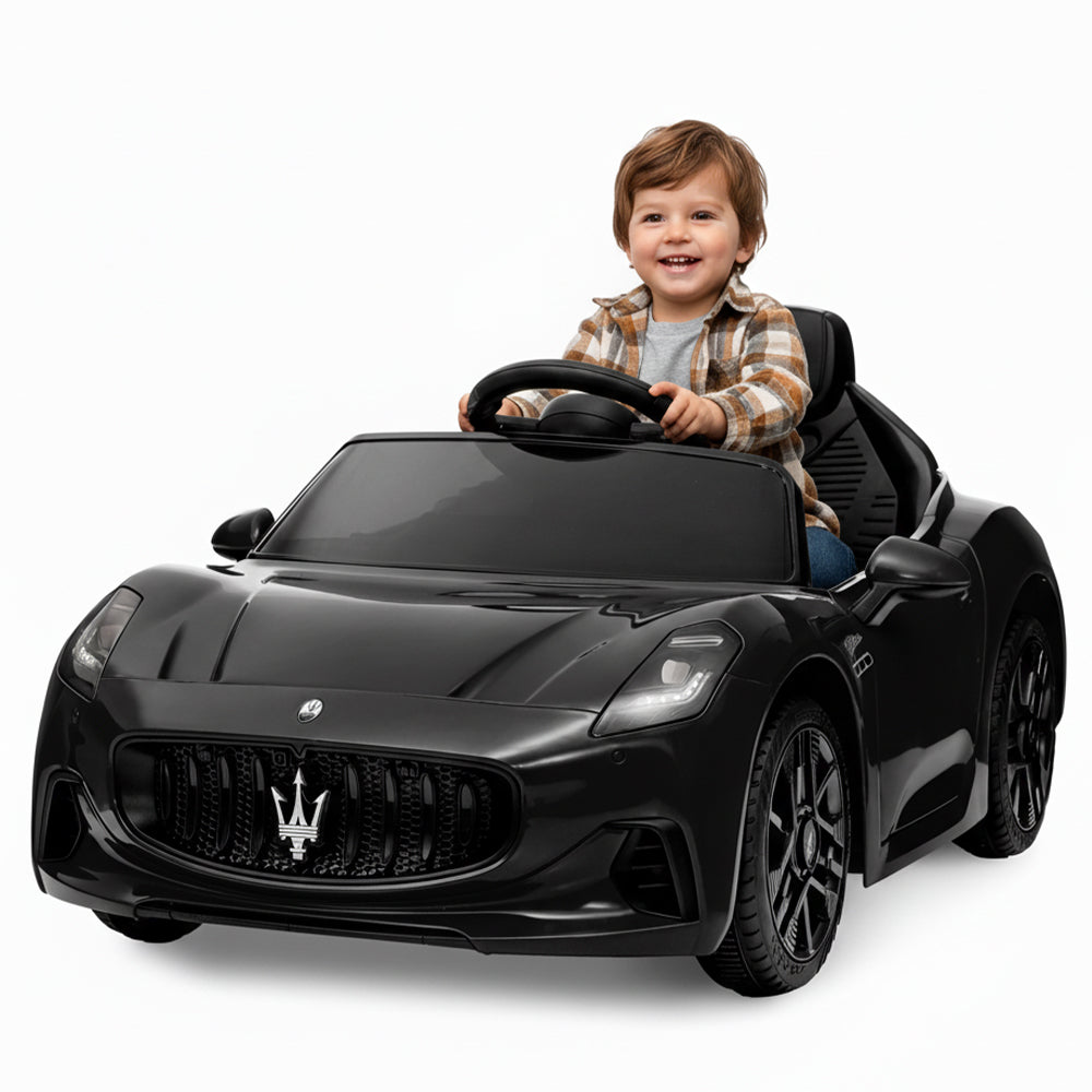 Garvee Ride - P Series: 12V Battery Powered Motorized Car for Kids with Remote Control, Spring Suspension, Double Doors, Bright Lights, 4 Wheel Electric Vehicle, Black