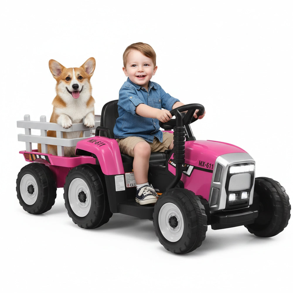 Garvee Ride - P Series: 12V Electric Tractor & Trailer for Kids, 3-6 Yrs - With RC - Rose / 35W