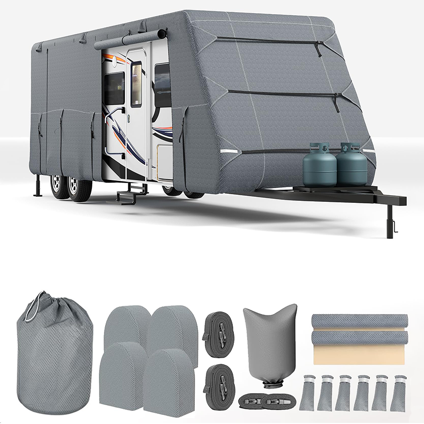 Garvee Travel Trailer RV Cover 27-30 ft, Extra-Thick 7 Layers, Windproof Straps Tire Covers, Waterproof UV Protection for Camper, Grey