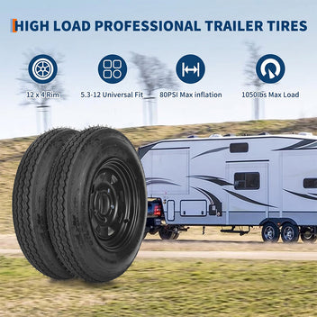 Garvee 2-Pack Trailer Tire On Rim 5.30-12 5 Lug 4.5" PCD Load Range C Black - Durable Heavy-Duty Trailer Tires & Wheels