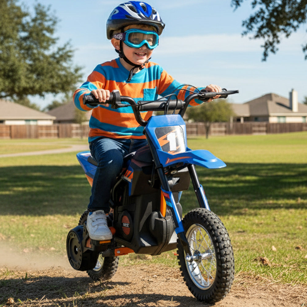 Garvee Ride - T Series: 24V Kids Electric Dirt Motorcycle for Kids Ages 13+, 250W Electric Off-Road Motorcycle,Up to 13.6MPH, Twist Grip Throttle,Metal Suspension,Air-Filled Tires,Leather Seat - Blue