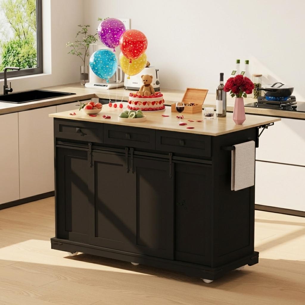 Garvee Rolling Large Kitchen Island Cart with Power Outlet, 3 Drawers, Drop Leaf, Trash Can Storage, Mobile Table, Black