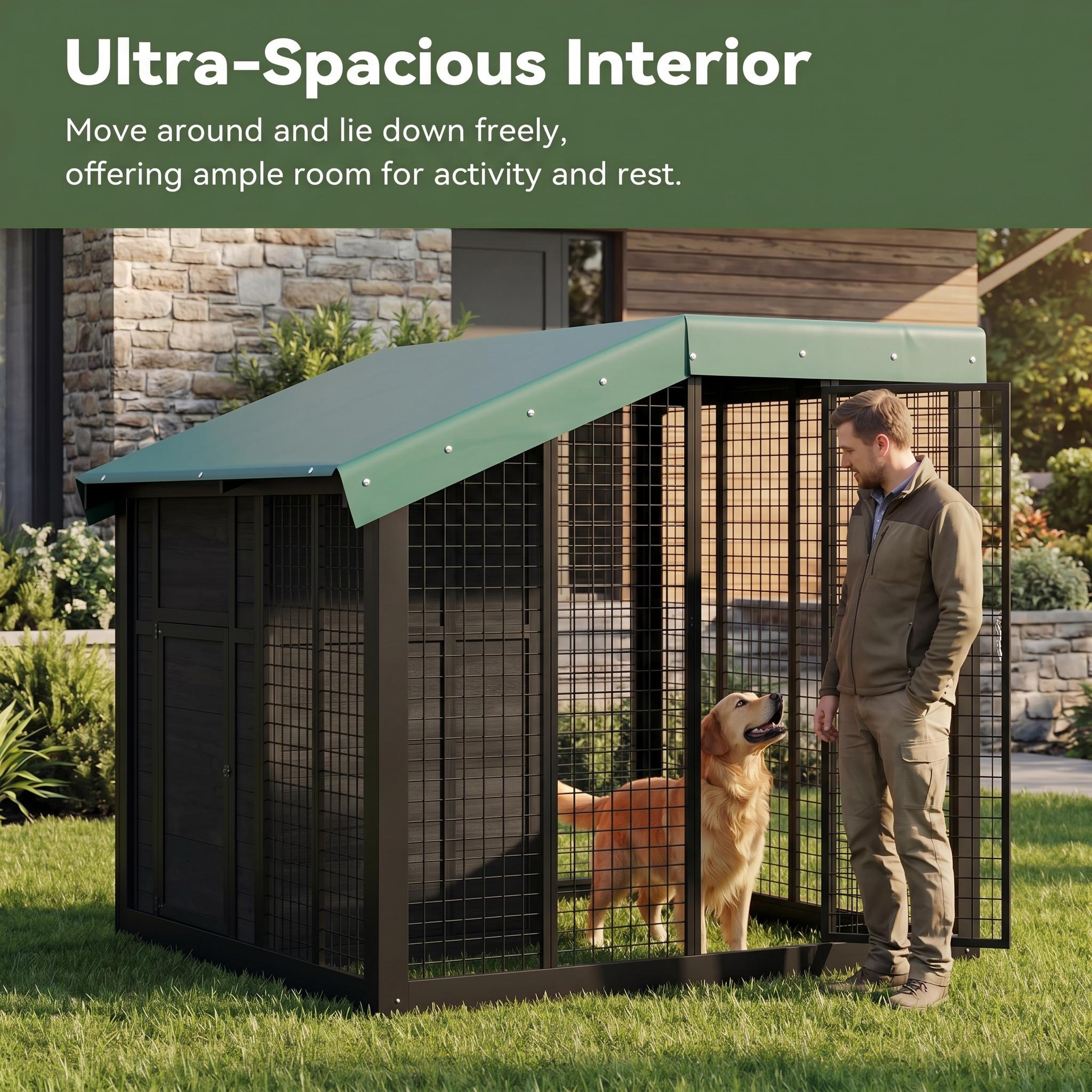 Black cedar dog kennel with a person and dog demonstrating the enclosed run and sheltered interior