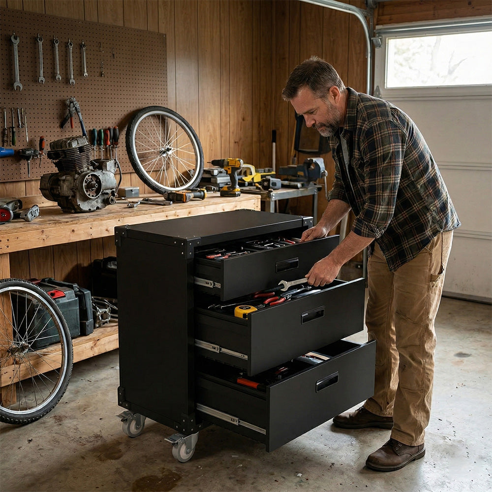 Garvee Rolling Tool Cabinet Metal Storage With Wheels 3 Drawer For Garage Workspace, Durable Metal, Spacious, Black
