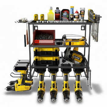 Garvee Power Tool Organizer Wall Mount 4 Layers Metal Rack with 4 Drill Holders for Heavy Duty Garage Workshop Storage