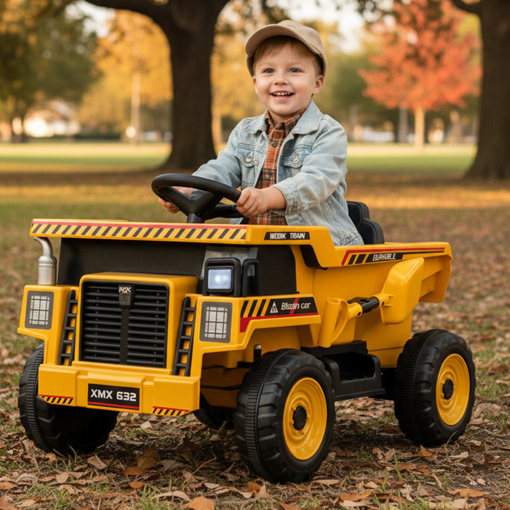 Garvee Ride - P Series: 12V Ride On Dump Truck for Kids with Remote Control & Electric Dump Bed, Durable PP Plastic, Spacious 16.5" Seat, Music, Headlights, Soft Start, Yellow, Outdoor Play