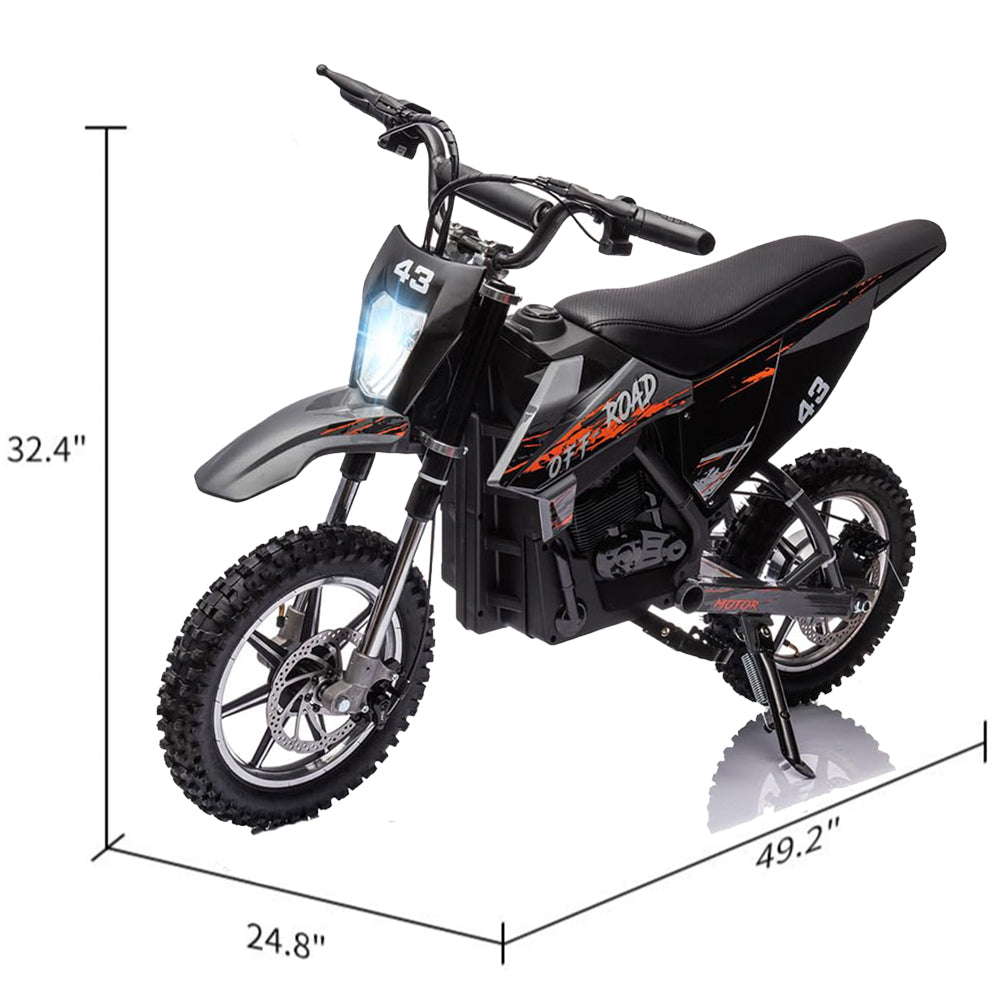 Garvee Ride - T Series: 36V Kids Electric Dirt Bike, 350W/15.5MPH Brushless Motor, LED, Comfortable Leather Seat, 175lbs Max Load Capacity- Black