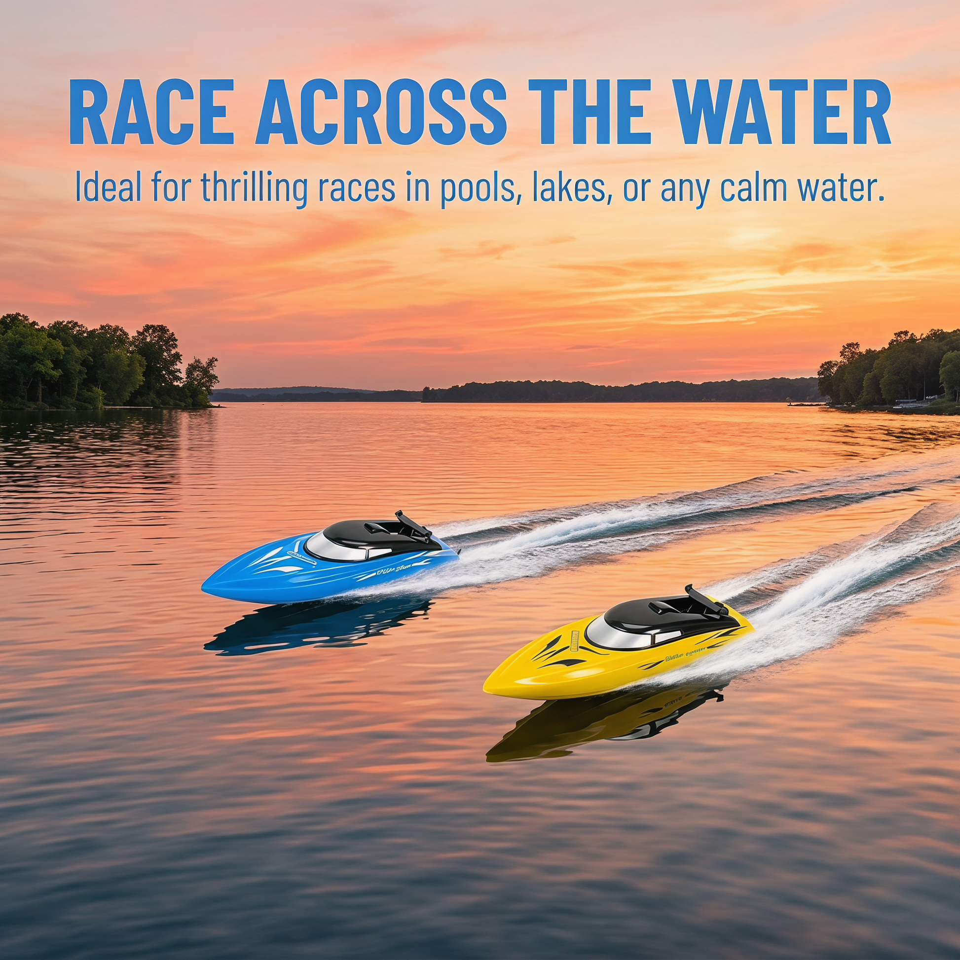 Garvee High-Speed RC Racing Boats 2-Pack for Kids & Adults – 2.4GHz, 10km/h, Self-Righting, 4 Rechargeable Batteries, For Pools & Lakes – Blue & Yellow – Multicolor