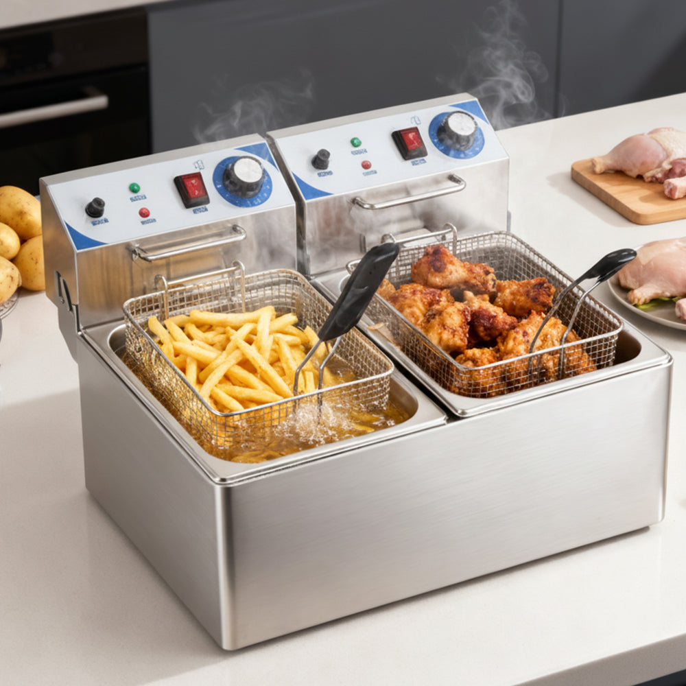 Garvee Commercial 10L+10L - 1500 Watts Dual Tank Electric Deep Fryer Stainless Steel Countertop Oil Fryer with Basket for Restaurant/Home Use (110V)