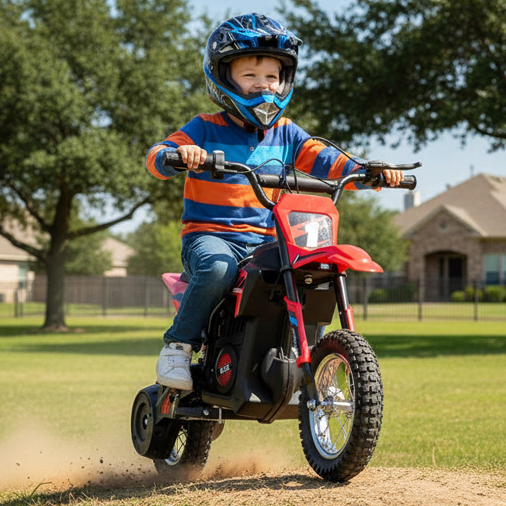 Garvee Ride - T Series: 24V Kids Electric Dirt Motorcycle for Kids Ages 13+, 250W Electric Off-Road Motorcycle,Up to 13.6MPH, Twist Grip Throttle,Metal Suspension,Air-Filled Tires,Leather Seat - Red