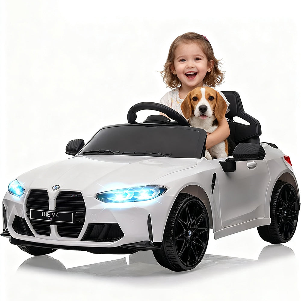 Garvee Ride - P Series: 12V Electric Ride On Car for 37-83 Months, w/RC,Licensed by BMW M4,Power Wheels for Boys Girls, with Suspension System,3 Speeds, Bluetooth, MP3, Double Door, LED Light - White