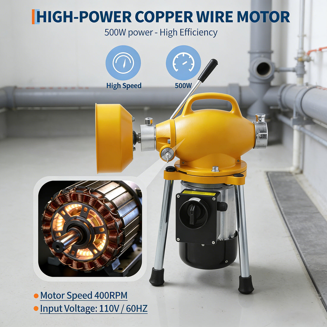 Garvee Drain Auger Sewer Snake Portable Electric Drain Cleaner with Auto Feed, 500W Motor, Steel Cables & 6 Cutters, Heavy-Duty Steel, Yellow, for 1.6-4" Pipes, Home & Professional Use