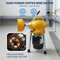 Garvee Drain Auger Sewer Snake Portable Electric Drain Cleaner with Auto Feed, 500W Motor, Steel Cables & 6 Cutters, Heavy-Duty Steel, Yellow, for 1.6-4" Pipes, Home & Professional Use