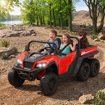 Garvee Ride - P Series: 24V 4WD Electric Ride On Dump Truck with Remote Control, 2-Seater, Music Player, LED Lights, Key Start Safety System, Durable Plastic, Off-Road Kids Toy for Ages 3+ - Red