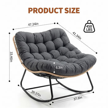 Garvee Rocking Chair with Thick Cushion, 450 LBS Capacity, Heavy Duty Metal Frame Patio Rocker, Curved Leg Wicker Rattan Armchair for Indoor Outdoor Lounge Decking, Gray