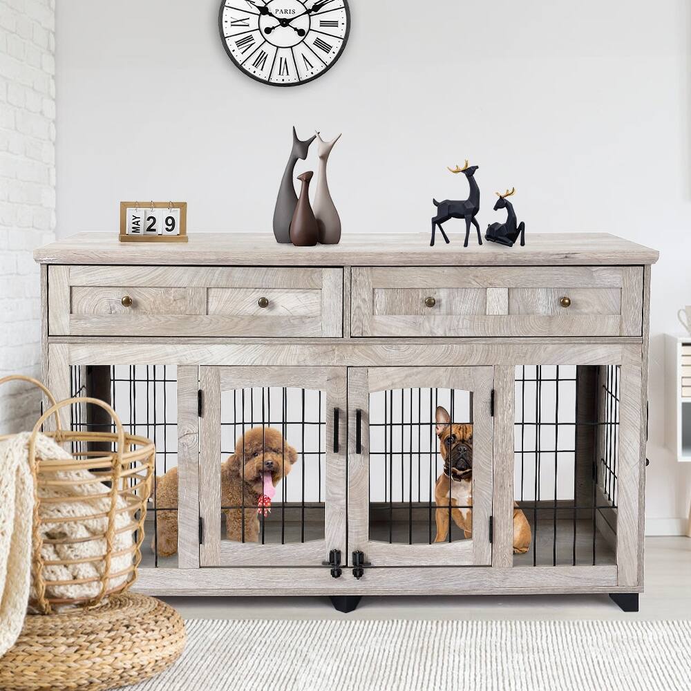 Garvee Dog Crate Furniture with Drawer, 5 Doors Wooden Dog Kennel End Table with Large Capacity Drawers,Dog House with Openable Divider for Small/Medium/Large Dog,Dog Cage,Side End Table Grey