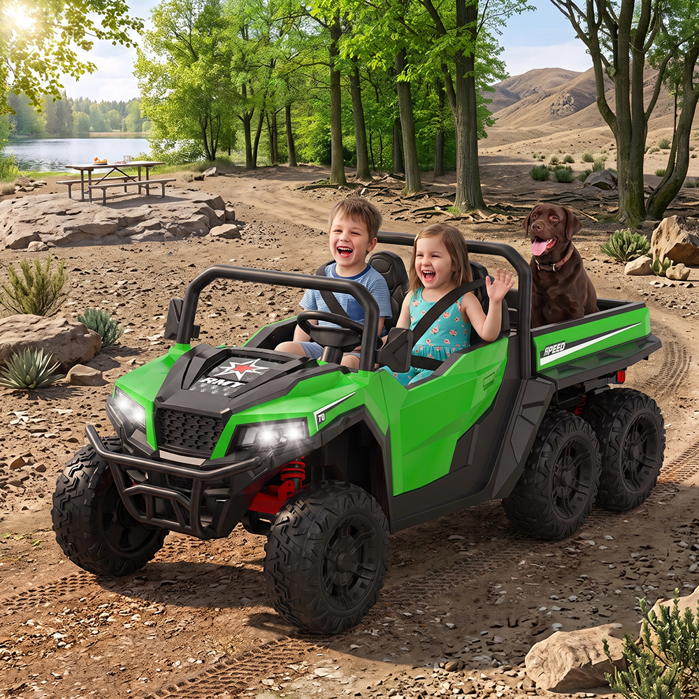 Garvee Ride - P Series: 24V 4WD Electric Ride On Dump Truck with Remote Control, 2-Seater, Music Player, LED Lights, Key Start Safety System, Durable Plastic, Off-Road Kids Toy for Ages 3+ - Green
