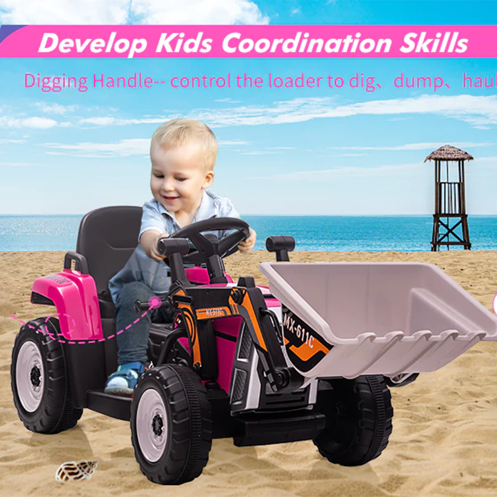 Garvee 12V Kids Ride on Car,Excavator with Bucket & Remote Control,Toddler Battery Powered Electric Vehicle,2+1 Gear Shift,3 Speeds,Music,Bluetooth,7-LED Headlights,Thread Tire,Rose