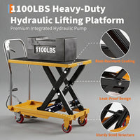 Garvee Hydraulic Lift Table Cart – 1100 lbs Capacity, Single Scissor Manual Platform – Non-Slip Pad, Locking Wheels, Reflective Strips – Industrial Material Handling Tool Set – Yellow