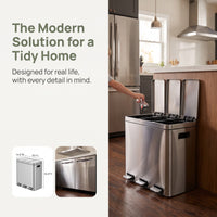 Garvee Trash Can, 3 x 4-Gallon Garbage Can for Kitchen, 3 Compartments for Recycling and Trash, Plastic Inner Buckets and Hinged Lids, Wide Stainless Steel Shape (15 + 15 + 15 for 45L Total), Silver