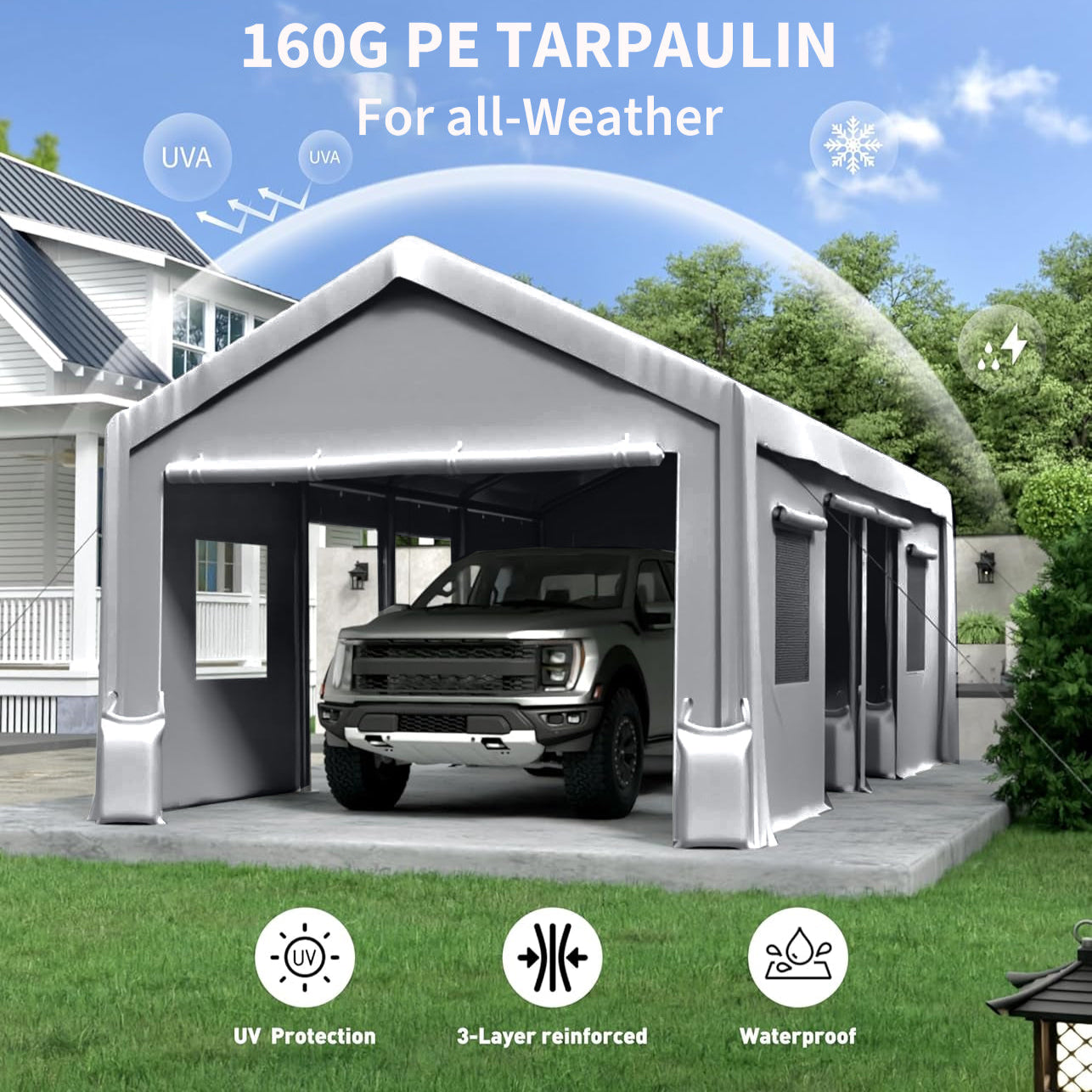 Garvee 13'x25' 160G Heavy-Duty Carport Replacement Cover Waterproof UV Protected for Garage Tent Shelter Outdoor Grey (Frame Not Included)