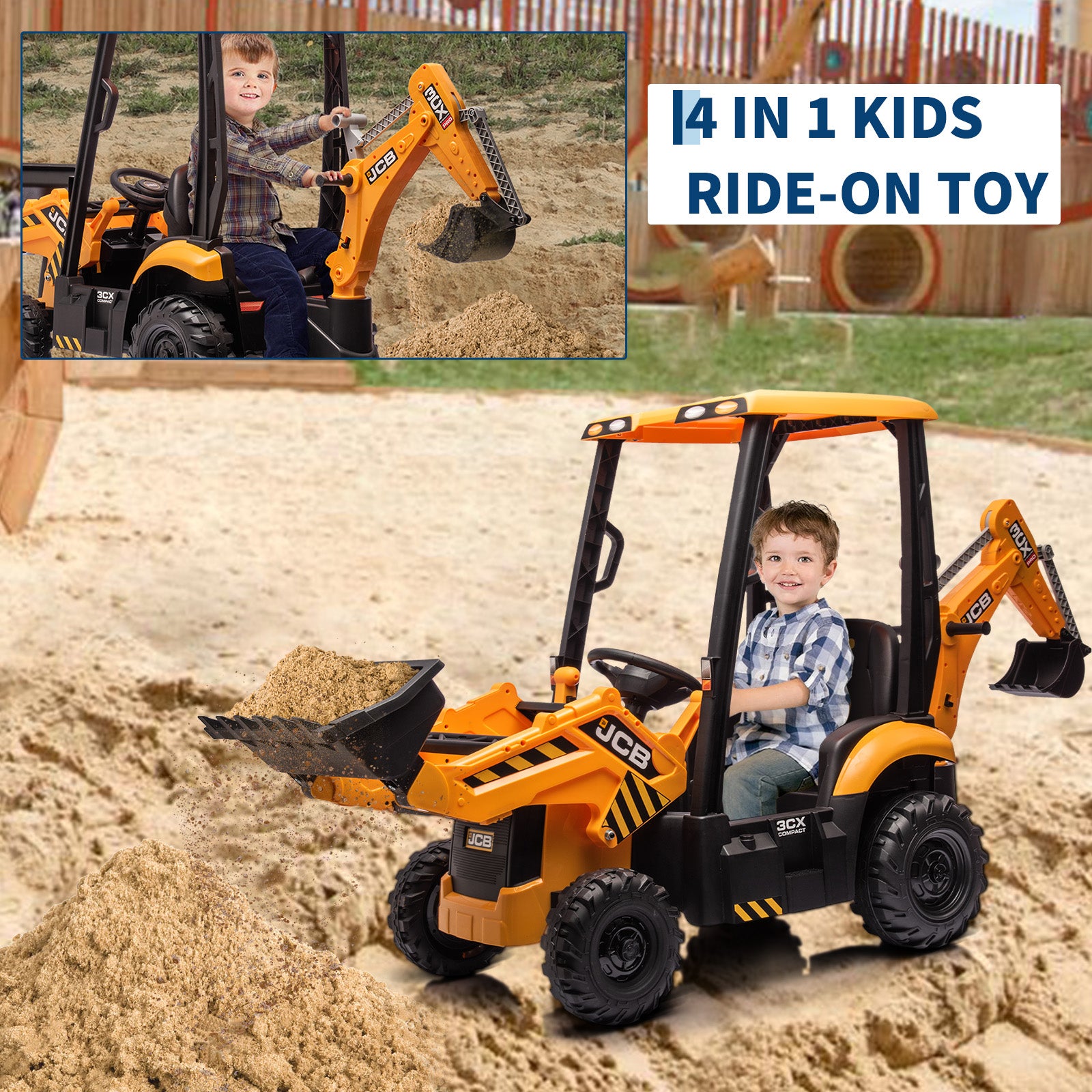 Garvee Ride - P Series: 4-in-1 Ride-On Tractor for Kids: Excavator, Bulldozer, Removable Tent, 12V Battery, Remote Control, Front Loader, Horn, EVA Tires - Yellow