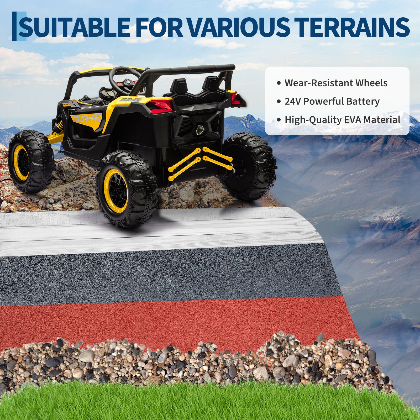 Garvee Ride - P Series: 24V Ride-On UTV: Remote Control, 200W Motor, Spring Suspension, Music, LED Lights, for Boys & Girls - Yellow