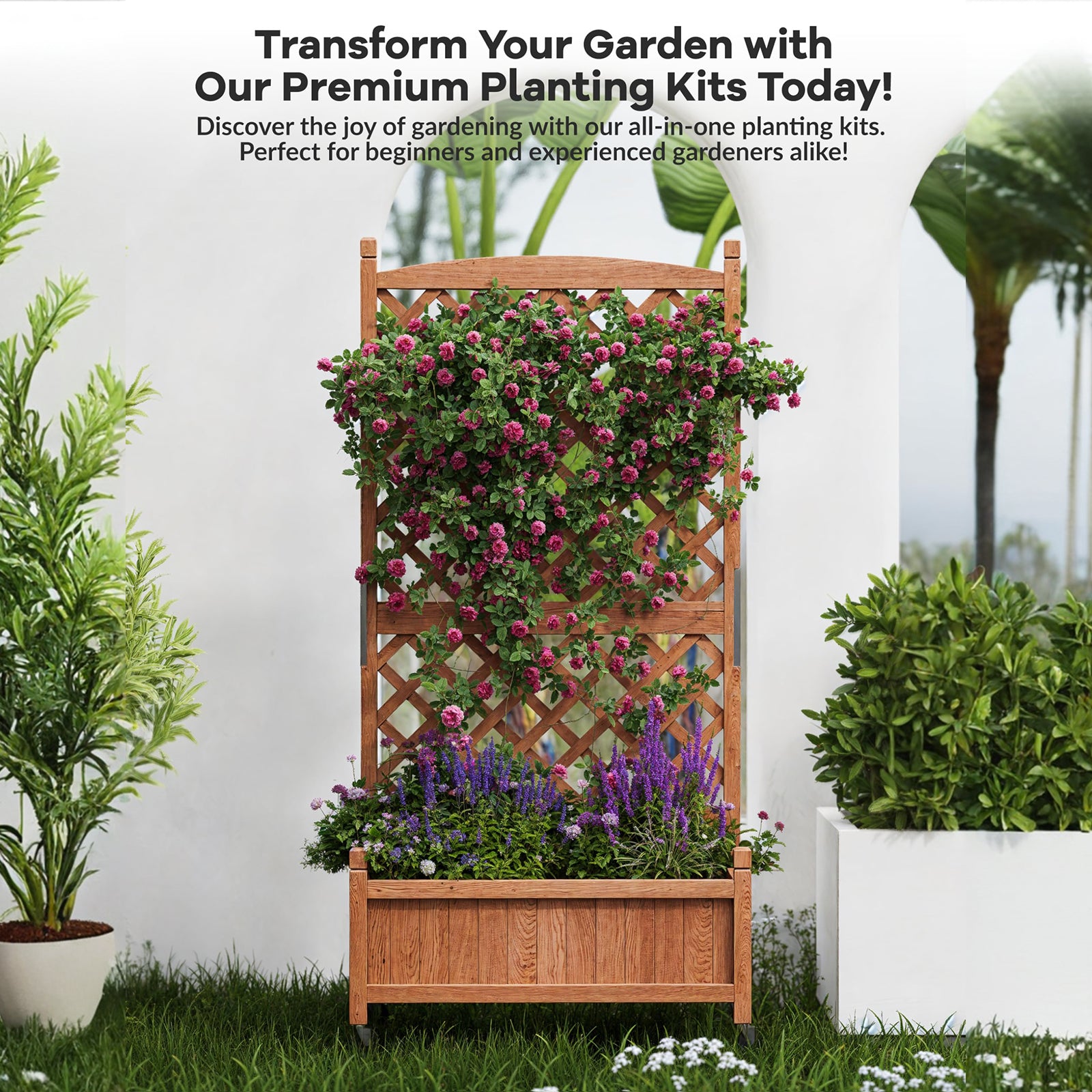 walmart wood trellis 29.5" x 13"x 61.5" Wood Planter Box with Trellis for Plant & Flower, Raised Garden Bed with Wheels, Standing Vertical Horticulture Trellis Planter