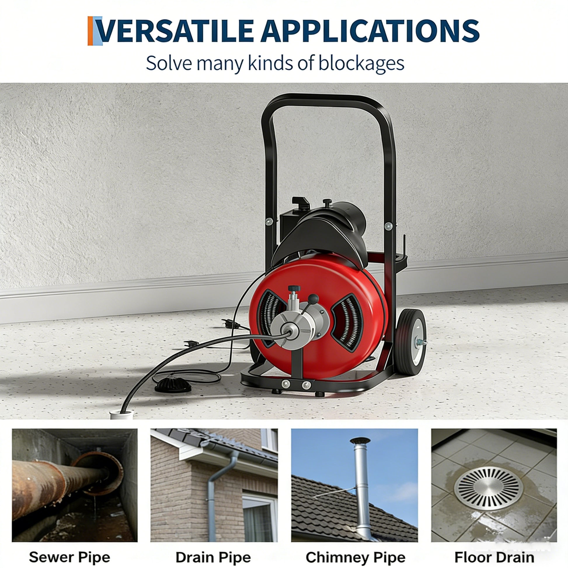 Garvee Drain Cleaner Machine 100FT x 3/8 Inch Steel Core Cable Portable 370W Electric Drain Cleaning Machine With Sewer Auger Cutter Air-Activated Foot Switch Wheels For Commercial Home