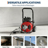 Garvee Drain Cleaner Machine 100FT x 3/8 Inch Steel Core Cable Portable 370W Electric Drain Cleaning Machine With Sewer Auger Cutter Air-Activated Foot Switch Wheels For Commercial Home