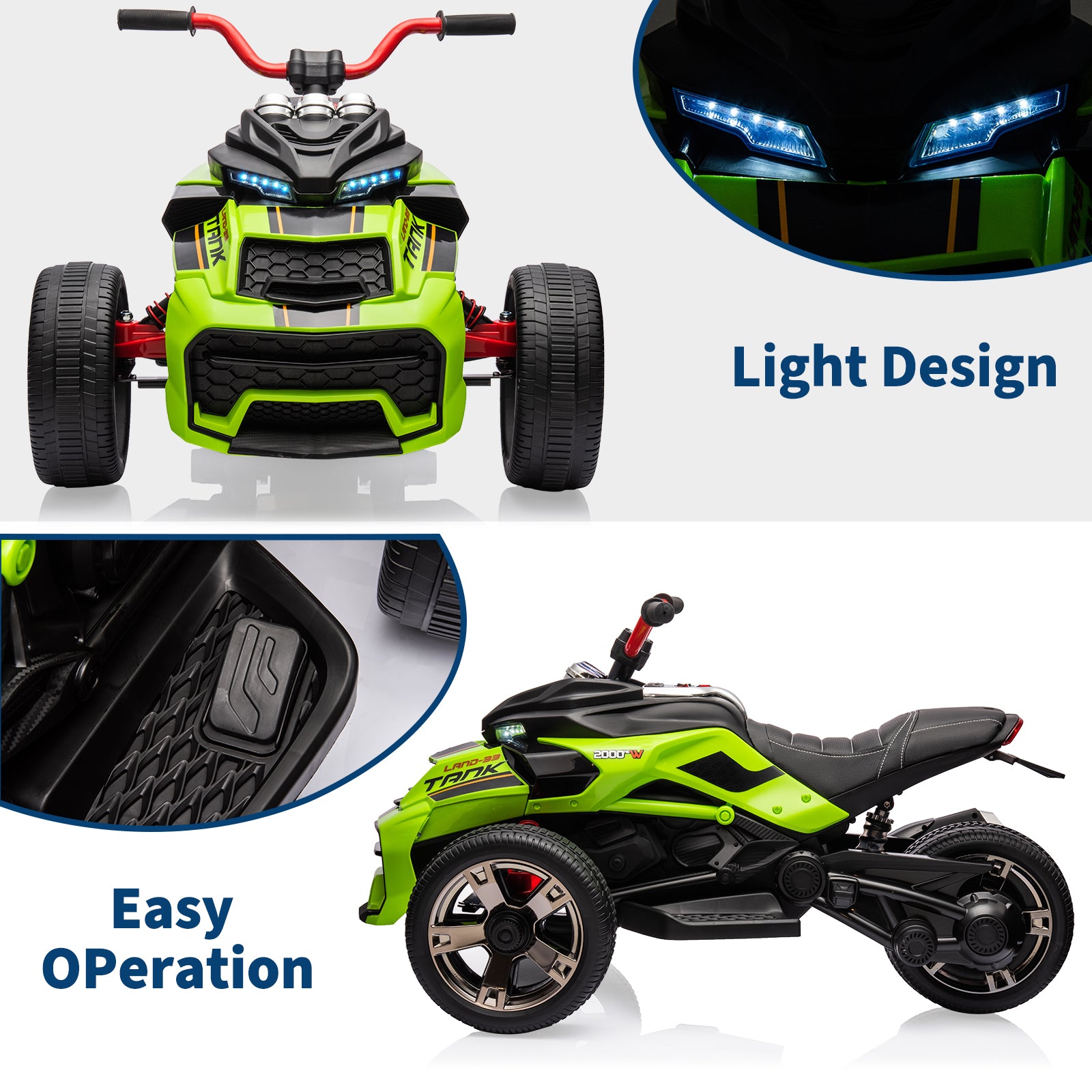 Garvee 12V Kids Ride on Toy for Kids, 2x55W Powerful Engine 7AH Battery, 3 - 7 km/H, 3 Wheelers Electric Vehicle, LED Lights, 2 Speeds, EVA Tire, Music, USB - Green