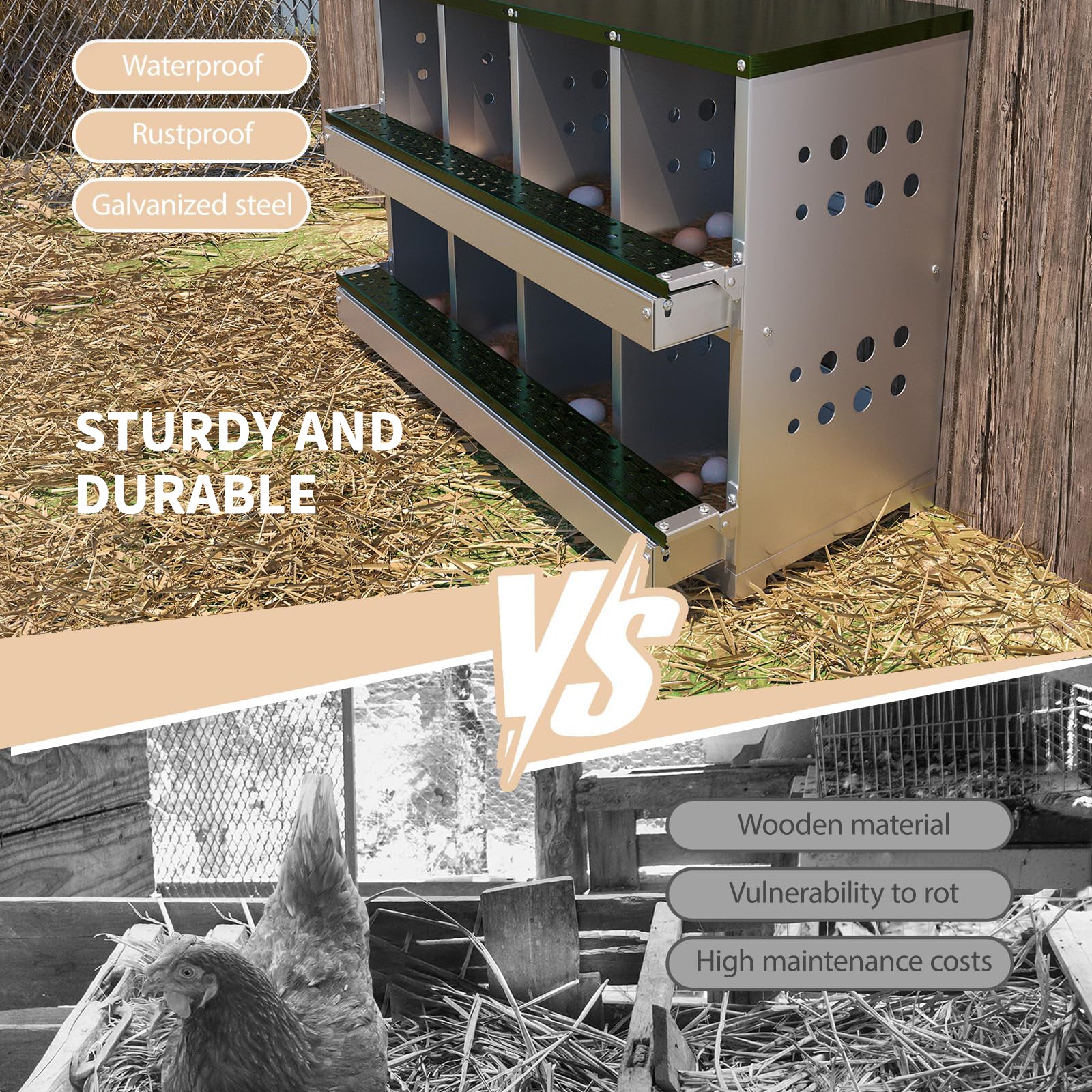 Garvee 8-Compartment Metal Nesting Box – Heavy-Duty Roll Away Egg Design w/Perch & Cover for Poultry Wall/Floor Mount, Green