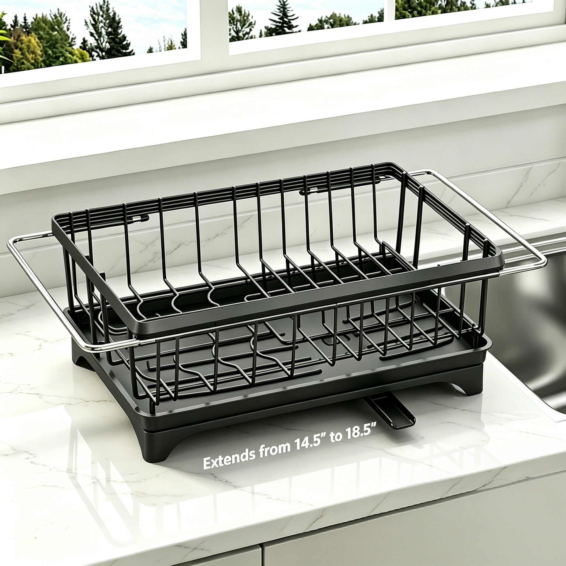 Garvee Over-the-Sink Dish Drying Rack, Expandable Kitchen Dish Drainer with Adjustable Arms, Heavy-Duty Carbon Steel Sink Basket for Dishes, Vegetables & Fruit, Black