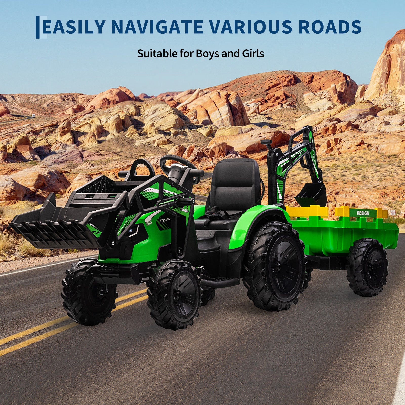 Garvee Ride P Series 3-in-1 Ride-On Tractor, 24V Electric, Excavator & Bulldozer, Remote Control, LED, Music, USB/Bluetooth max 66 lbs - Bright-green